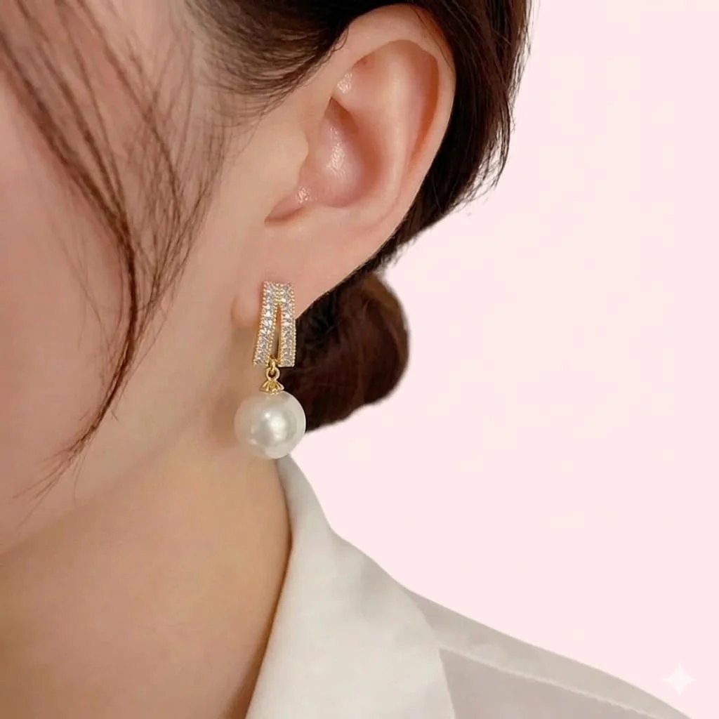 Korean Gold Plated Pearl Drop Stud Earrings for Women CZ Crystal Rectangular Design Lightweight Party Wear Daily Wear Fashion Jewellery Elegant Pearl Stud Earrings image 2