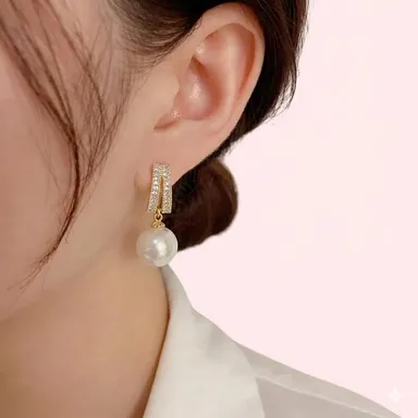 Korean Gold Plated Pearl Drop Stud Earrings for Women CZ Crystal Rectangular Design Lightweight Party Wear Daily Wear Fashion Jewellery Elegant Pearl Stud Earrings thumbnail 1