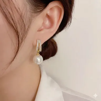 Korean Gold Plated Pearl Drop Stud Earrings for Women CZ Crystal Rectangular Design Lightweight Party Wear Daily Wear Fashion Jewellery Elegant Pearl Stud Earrings thumbnail 2