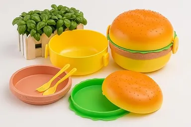 Kids Burger Shaped Lunch Box Tiffin for School | Snack & Sandwich Box for Boys Girls 3‑5 Years | BPA Free Leak‑Proof Kids Tiffin Box | Cute Burger Kids Meal Box thumbnail 2