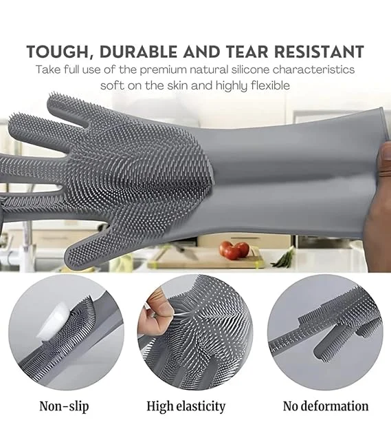 Magic Silicone Dish Washing Gloves for Kitchen and Home Cleaning | Multicolour Waterproof Dishwashing Gloves for Dishes, Pet Grooming, Car Wash & Bathroom Cleaning | 1 Pair image 4