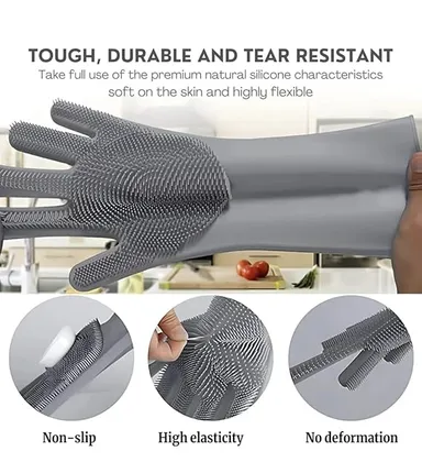 Magic Silicone Dish Washing Gloves for Kitchen and Home Cleaning | Multicolour Waterproof Dishwashing Gloves for Dishes, Pet Grooming, Car Wash & Bathroom Cleaning | 1 Pair thumbnail 3