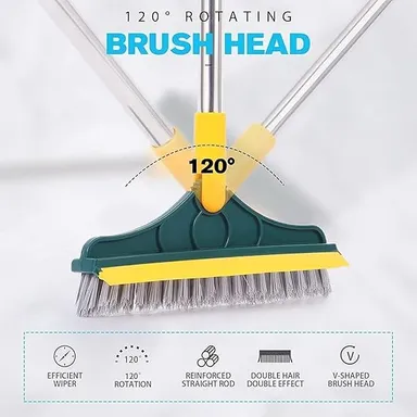 2‑in‑1 Bathroom Cleaning Brush with Wiper Long Handle 180° Rotating Toilet & Tiles Scrub Floor Brush for Bathroom Kitchen Hard Surfaces | Dual Purpose Wet Dry Clean Tool thumbnail 2