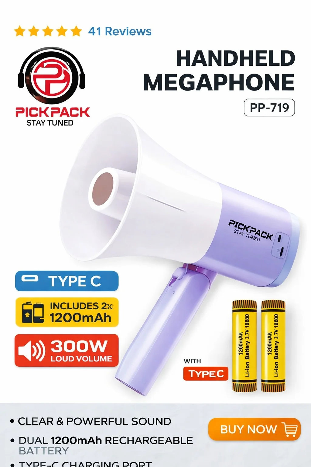 PICKPACK Powerful Handheld Megaphone 300W Loud Speaker Voice Amplifier with 2x1200mAh Rechargeable Batteries Type-C Charging Portable PA System Wrist Strap image 2