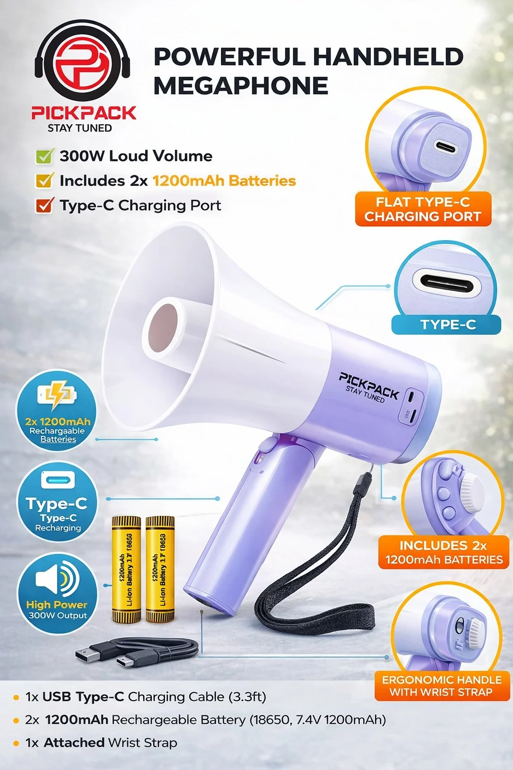 PICKPACK Powerful Handheld Megaphone 300W Loud Speaker Voice Amplifier with 2x1200mAh Rechargeable Batteries Type-C Charging Portable PA System Wrist Strap image 1