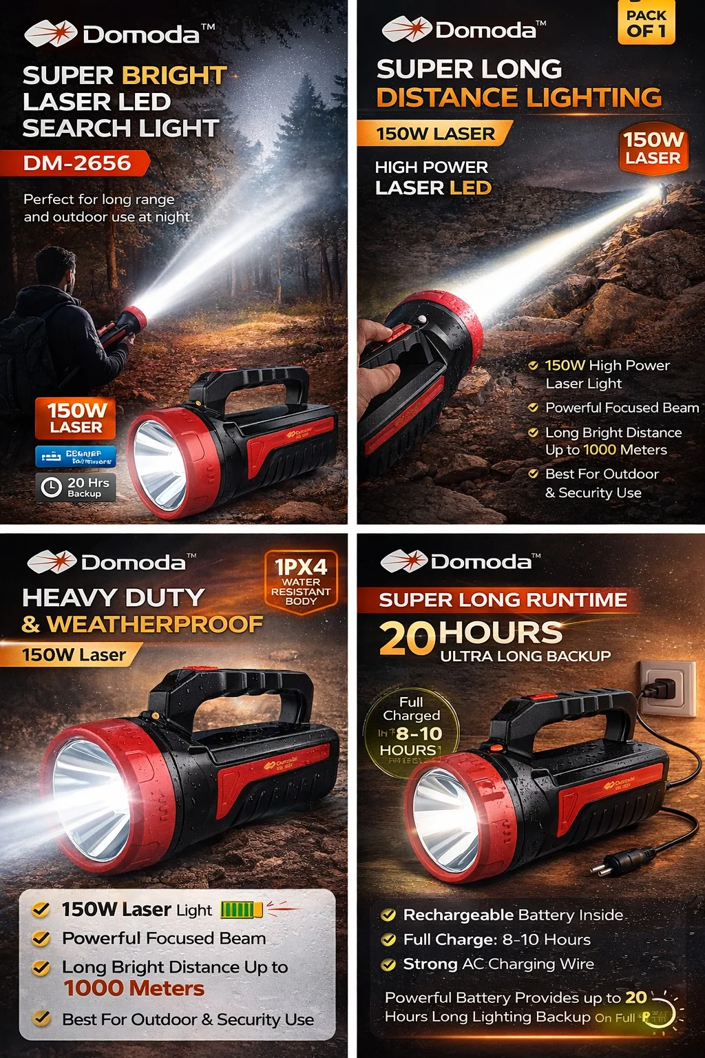 Domoda DM-2656 150W Laser Super Bright Long Range Rechargeable Flashlight Torch 1000M Beam Distance 20H Backup IPX4 Waterproof Duty Emergency Camping Security image 2