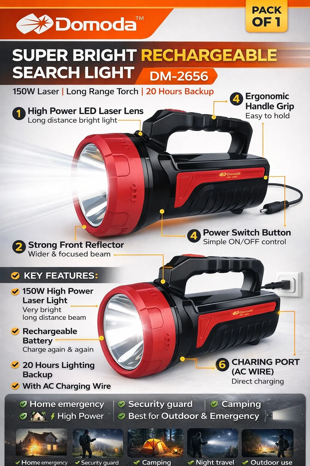 Domoda DM-2656 150W Laser Super Bright Long Range Rechargeable Flashlight Torch 1000M Beam Distance 20H Backup IPX4 Waterproof Duty Emergency Camping Security image 3