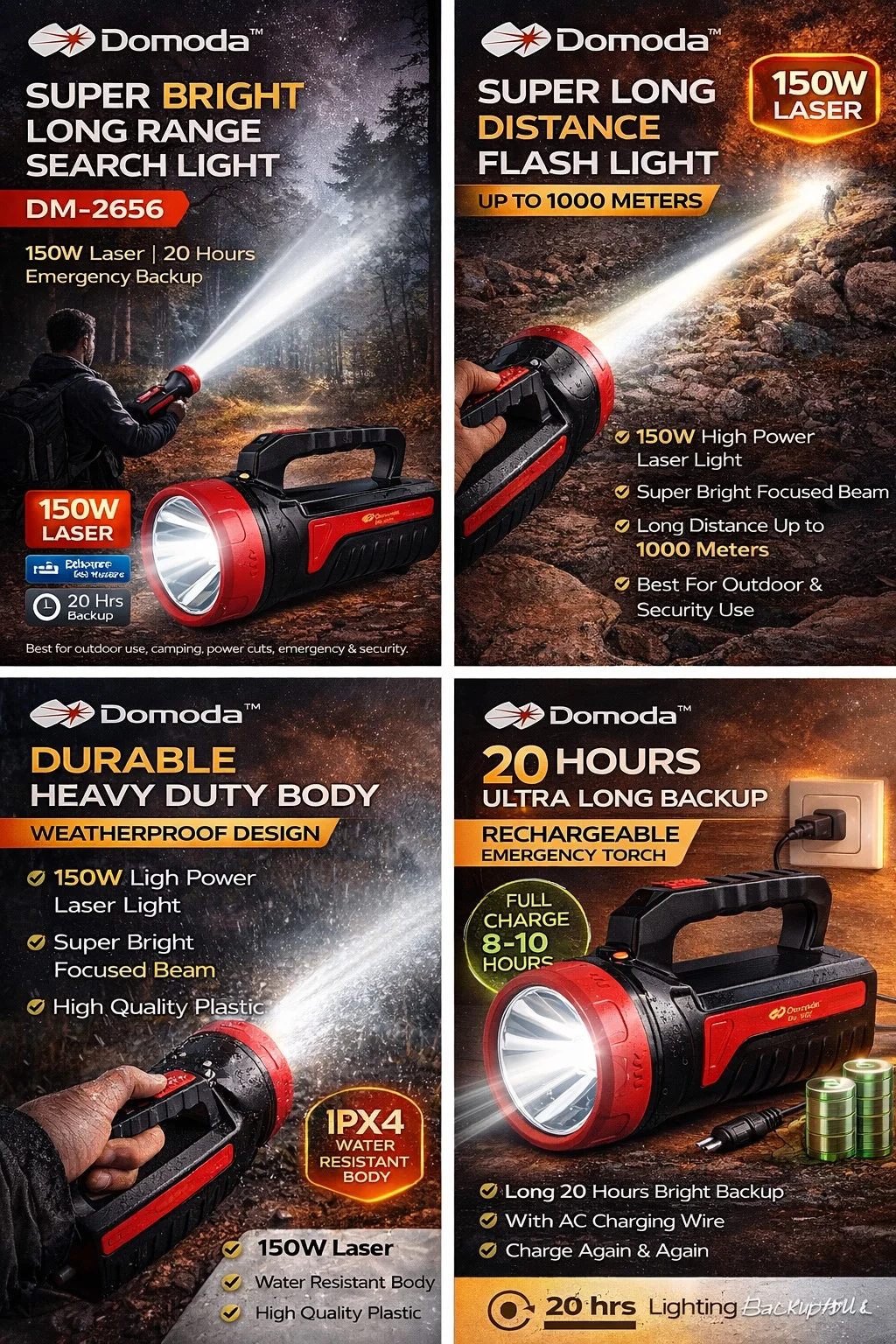 Domoda DM-2656 150W Laser Super Bright Long Range Rechargeable Flashlight Torch 1000M Beam Distance 20H Backup IPX4 Waterproof Duty Emergency Camping Security image 1