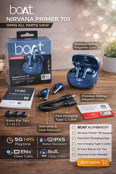 boAt Airdopes Prime Master Buds 2 True Wireless Earbuds with Hybrid Active Noise Cancellation (46dB), 50 Hours Playtime, Volume & Selfie Control, Nirvana by boAt Series thumbnail 1
