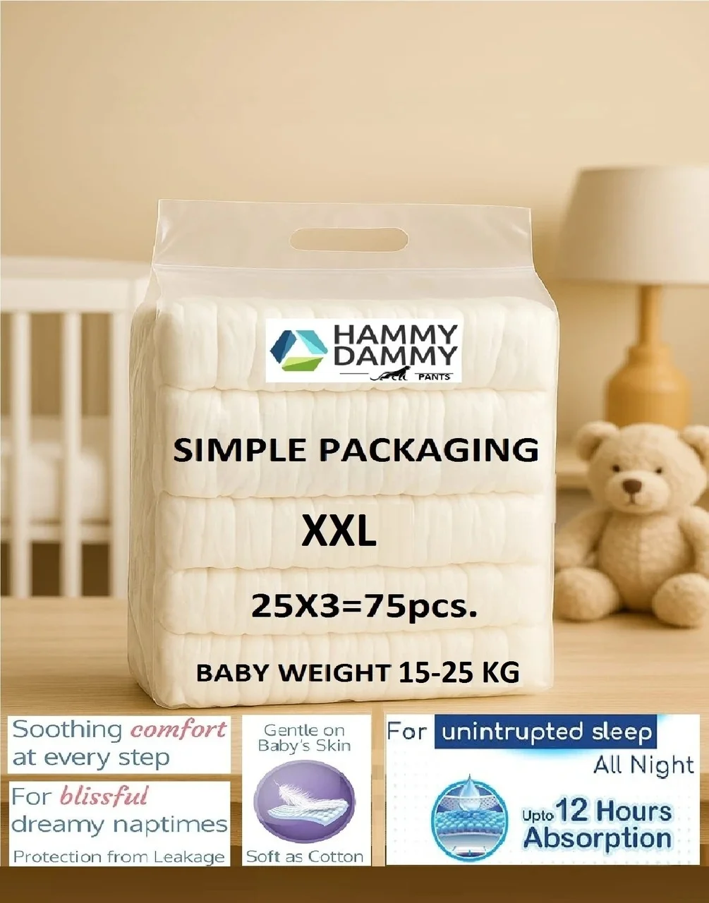 HAMMY DAMMY Baby Diaper Pants XXL (25 Pieces) Double Layer Leakage Protection High Absorbency Soft Breathable Comfort Fit for All Night Dryness image 1