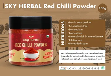 Sky Herbal Premium Red Chilli Powder Lal Mirch Powder Pure Spicy Masala for Indian Cooking Rich Color Strong Flavor Kitchen Essential Spice Jar thumbnail 1