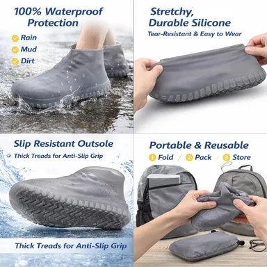 HousePill Waterproof Silicone Shoe Covers Anti Slip Reusable Rain Protection Boot Covers for Men and Women Stretchable Durable Grey Outdoor Travel Cycling Hiking Dustproof Washable Footwear Protector thumbnail 1