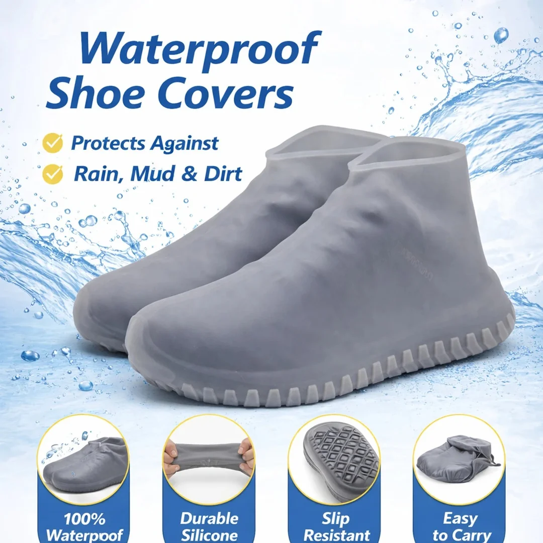 HousePill Waterproof Silicone Shoe Covers Anti Slip Reusable Rain Protection Boot Covers for Men and Women Stretchable Durable Grey Outdoor Travel Cycling Hiking Dustproof Washable Footwear Protector image 1