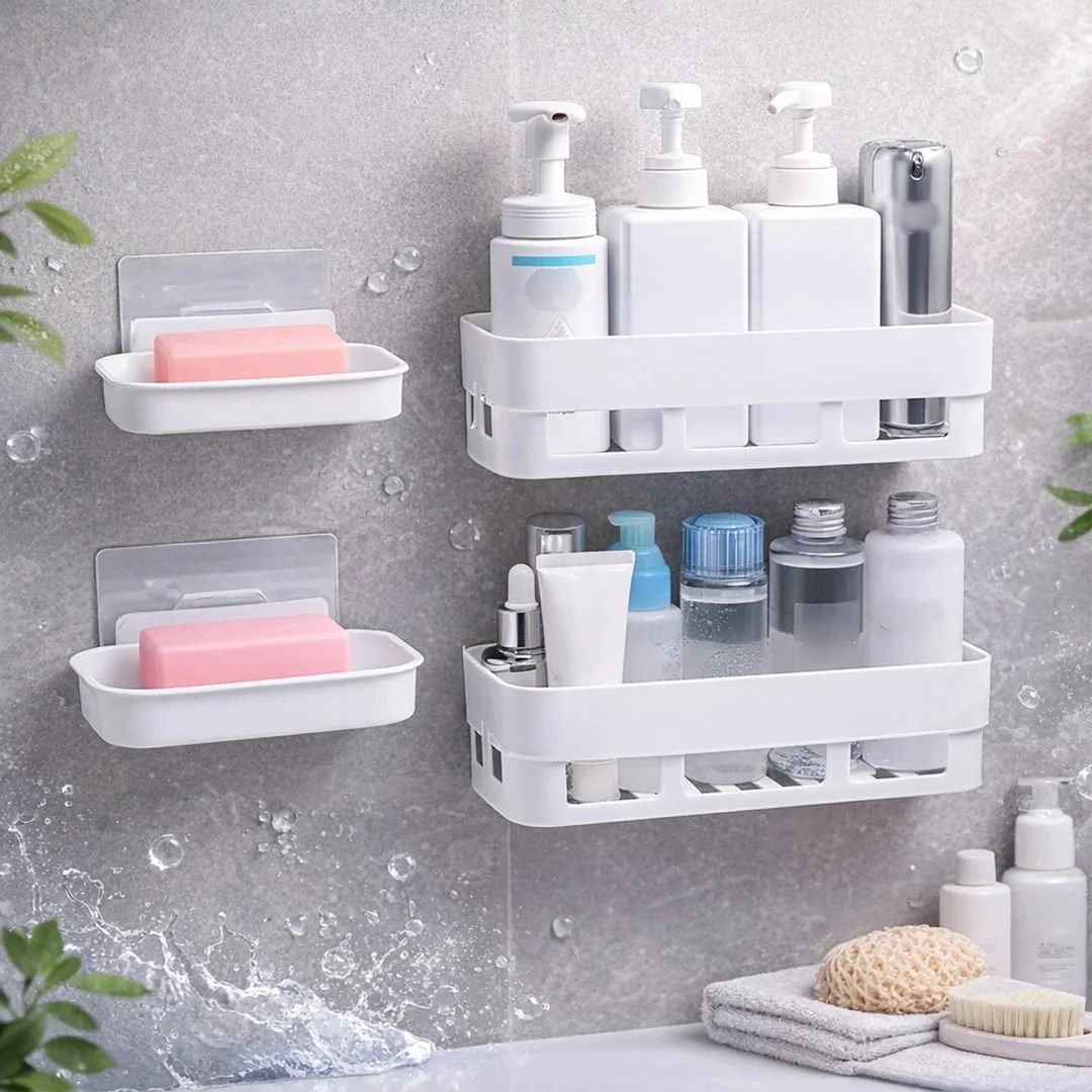 HousePill Wall Mounted Bathroom Shelf Organizer Self Adhesive No Drill Waterproof Storage Rack Strong Load Bearing Bathroom Kitchen Organizer Wall Shelf Space Saving Storage Rack White image 1