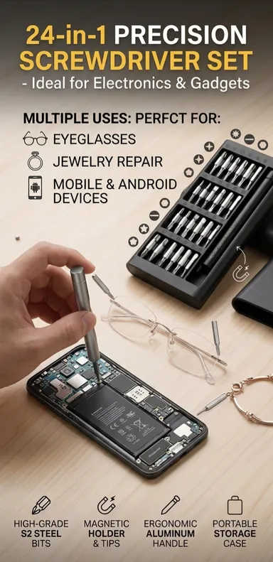 24-in-1 Precision Screwdriver Set with Magnetic S2 Steel Bits & Ergonomic Aluminum Handle - Professional Repair Tool Kit for Electronics, Laptops, Phones & Watches + FREE Charger Cable Protector thumbnail 1