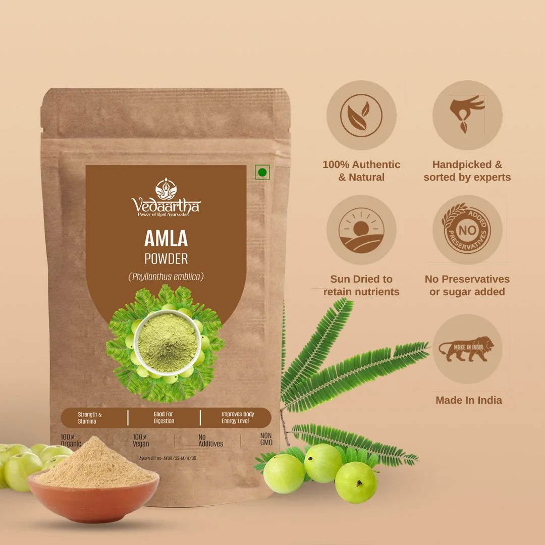 Vedaartha Organic Amla Powder 300g Pack of 3 | Pure Indian Gooseberry Powder for Hair Growth Skin Glow Immunity Vitamin C Rich Ayurvedic Herbal Supplement image 3