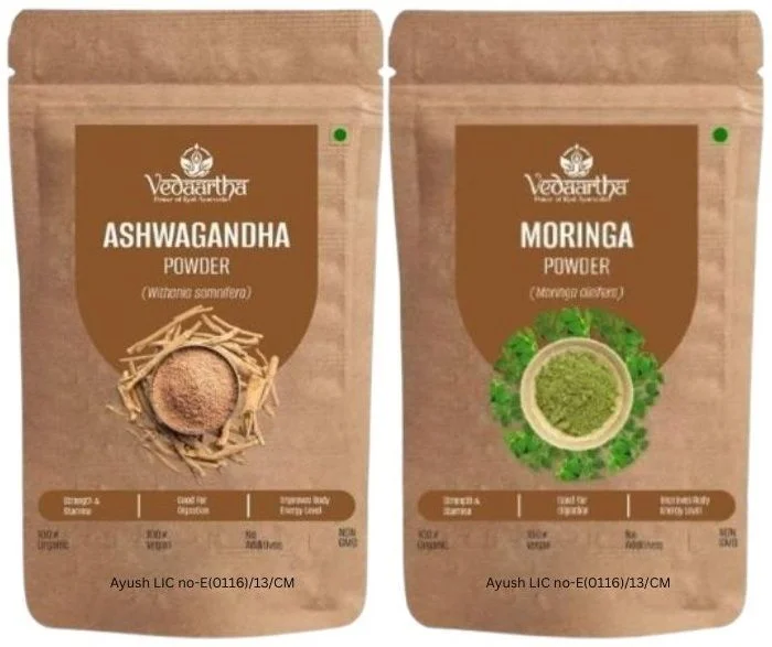 Vedaartha Organic Ashwagandha Powder 100g & Moringa Leaf Powder 100g Combo Pack Ayurvedic Herbal Supplement for Stress Immunity Energy Boost Weight Management Skin Hair Care 200g image 1