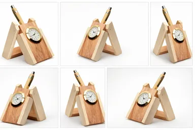 Premium Wooden Pen Stand with Analog Clock for Office Desk Organizer, Pen Holder, Visiting Card Slot, Table Accessory, Executive Office Gift Item India thumbnail 1