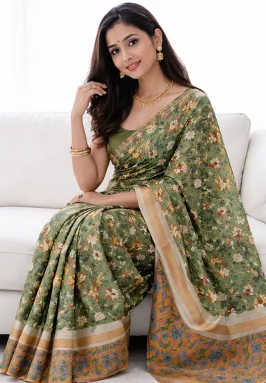 Olive Meadow Hand Block Printed Chanderi Silk Saree for Women Lightweight Festive Ethnic Wear Soft Traditional Designer Party Wear Saree with Blouse Piece India thumbnail 0