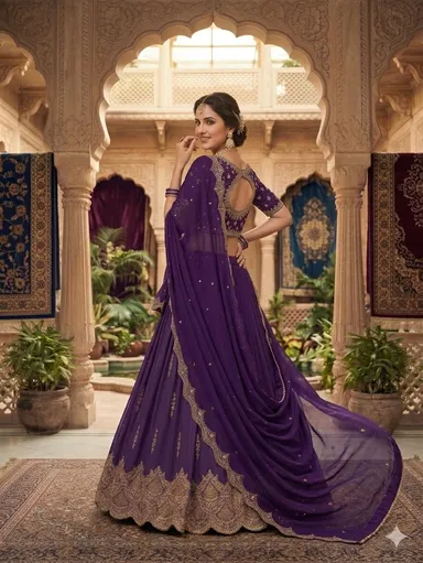 Embroidered Lehenga Choli Set for Women Designer Festive Wear Silk Blend Lehenga with Dupatta Heavy Work Bridal Party Wear Traditional Ethnic Indian Outfit Purple Free Size thumbnail 1