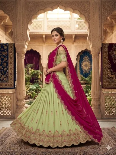 Embroidered Lehenga Choli Set for Women Designer Festive Wear Silk Blend Lehenga with Dupatta Heavy Work Bridal Party Wear Traditional Ethnic Indian Outfit Pista Free Size thumbnail 1