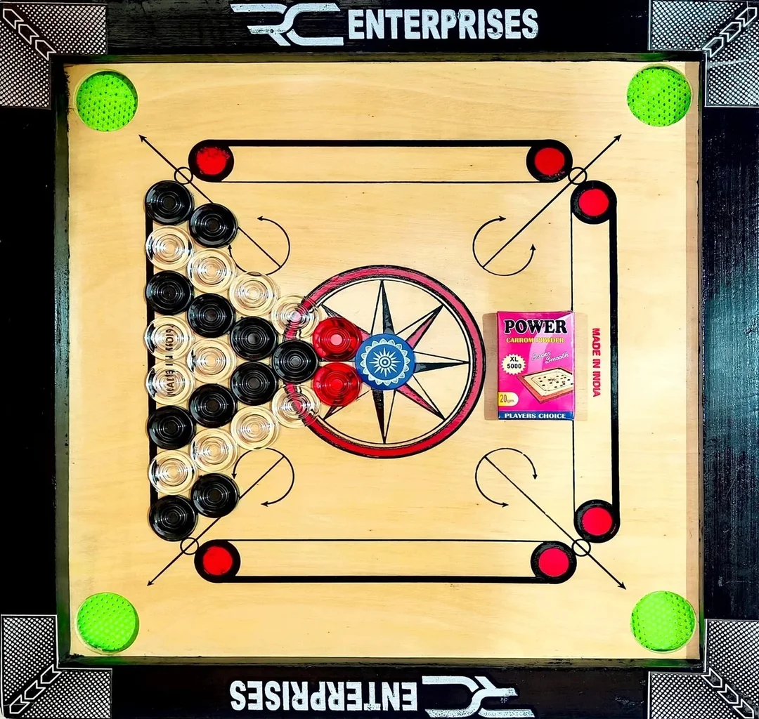 R C Enterprises 20 Inch 3 in 1 Carrom Board with Ludo & Chess Combo Set 50 cm Premium Printed Board with 24 Crystal Coins Striker Powder Indoor Family Board Game Set Durable Travel Friendly India Black Beige image 2