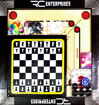 R C Enterprises 20 Inch 3 in 1 Carrom Board with Ludo & Chess Combo Set 50 cm Premium Printed Board with 24 Crystal Coins Striker Powder Indoor Family Board Game Set Durable Travel Friendly India Black Beige thumbnail 5