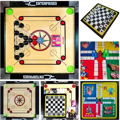 R C Enterprises 20 Inch 3 in 1 Carrom Board with Ludo & Chess Combo Set 50 cm Premium Printed Board with 24 Crystal Coins Striker Powder Indoor Family Board Game Set Durable Travel Friendly India Black Beige thumbnail 0