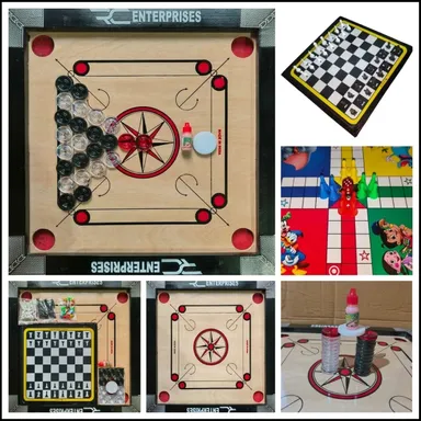 r c enterprises 20×20 Inch Carrom Board COMBO With Ludo, Chess & Free Crystal Coins 4 cm, Black & Beige Indoor Family Game Board India thumbnail 0