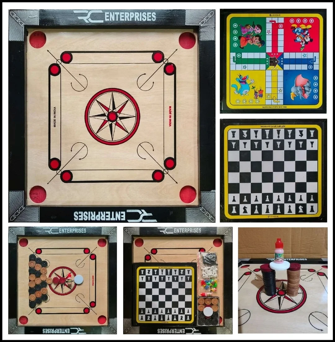 r c enterprises 20×20 Inch Carrom Board COMBO With Ludo & Chess, 4 cm Coins, Indoor Family Game Board Beige & Black India image 2