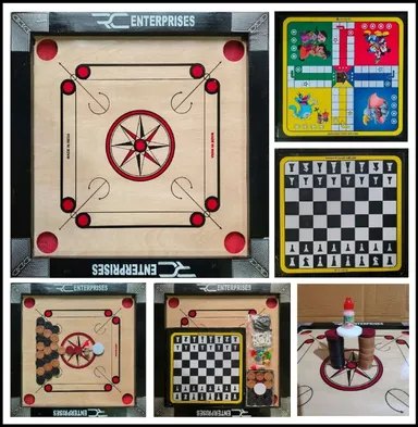 r c enterprises 20×20 Inch Carrom Board COMBO With Ludo & Chess, 4 cm Coins, Indoor Family Game Board Beige & Black India thumbnail 1