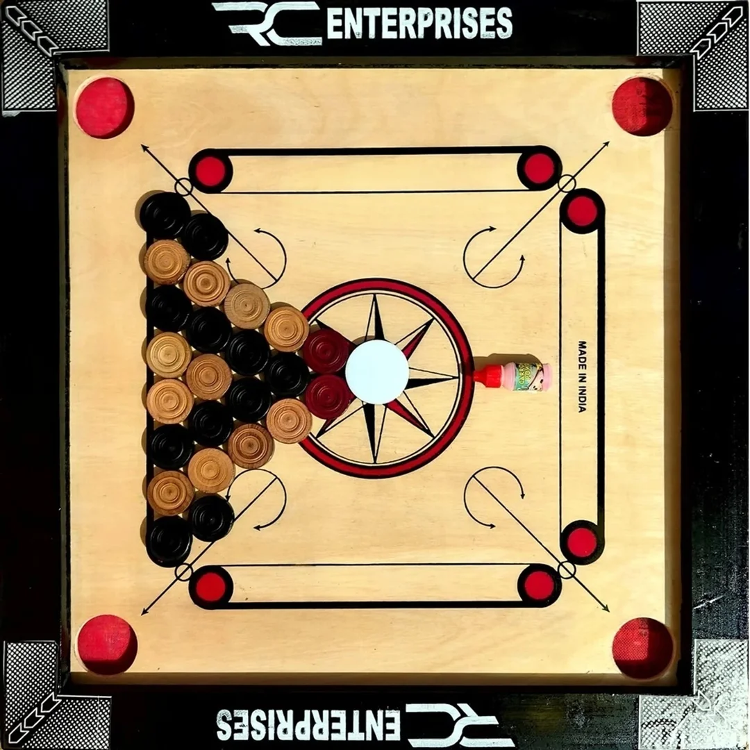 r c enterprises 20×20 Inch Carrom Board COMBO With Ludo & Chess, 4 cm Coins, Indoor Family Game Board Beige & Black India image 5