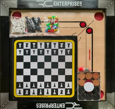 r c enterprises 20×20 Inch Carrom Board COMBO With Ludo & Chess, 4 cm Coins, Indoor Family Game Board Beige & Black India thumbnail 0