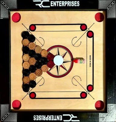 r c enterprises 50 cm Carrom Board With 24 Wooden Coins, Powder & Striker, Black Indoor Family Game Board India thumbnail 0