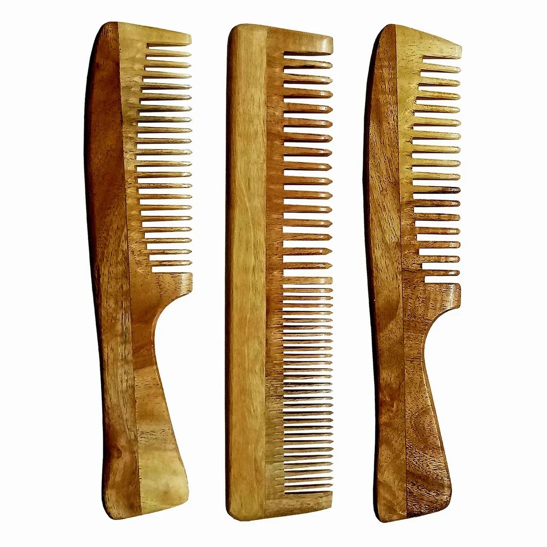 Ginni Marketing 3 Neem Wooden Combs Combo | Regular Detangler, Regular Handle & Detangler Handle for Hair Care, Anti-Dandruff, Gentle Scalp Massage India image 2