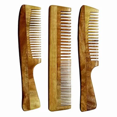 Ginni Marketing 3 Neem Wooden Combs Combo | Regular Detangler, Regular Handle & Detangler Handle for Hair Care, Anti-Dandruff, Gentle Scalp Massage India thumbnail 1