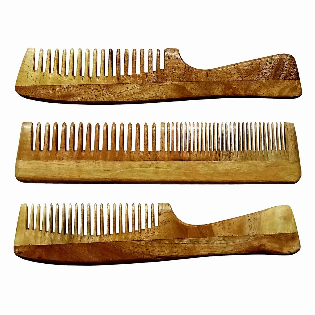Ginni Marketing 3 Neem Wooden Combs Combo | Regular Detangler, Regular Handle & Detangler Handle for Hair Care, Anti-Dandruff, Gentle Scalp Massage India image 3