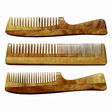 Ginni Marketing 3 Neem Wooden Combs Combo | Regular Detangler, Regular Handle & Detangler Handle for Hair Care, Anti-Dandruff, Gentle Scalp Massage India thumbnail 2
