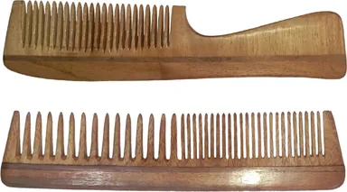 Ginni Marketing Combo of 2 Neem Wood Combs 7.5 Inch | Regular Handle & Regular Detangler, Anti-Bacterial, Chemical-Free, Gentle Hair Grooming for All Hair Types thumbnail 1