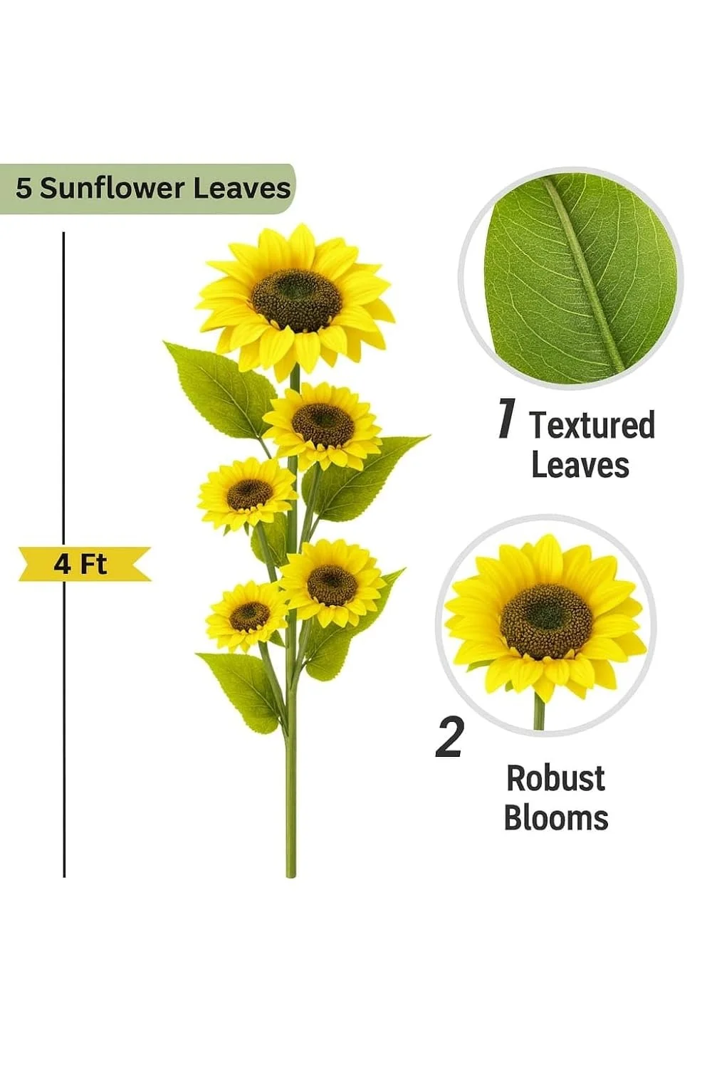 Large Artificial Yellow Sunflower 117cm Tall × 25cm Wide | Realistic Full Bloom Silk Flower for Vase, Home, Office & Party Decoration India Pack of 1 image 2
