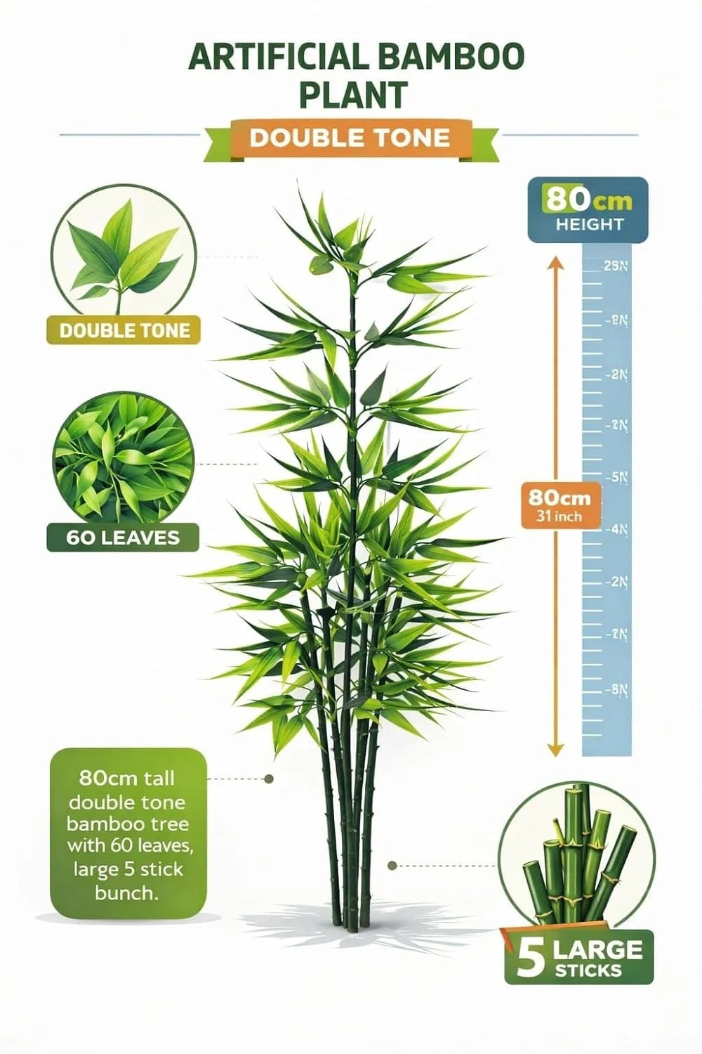 Artificial Bamboo Plant 80cm Tall Double Tone 60 Leaves | Large 5 Stick Faux Tree for Indoor Home, Office & Living Room Decoration, Without Pot image 3
