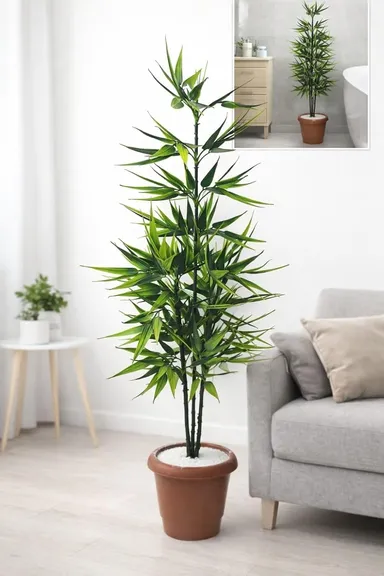 Artificial Bamboo Plant 80cm Tall Double Tone 60 Leaves | Large 5 Stick Faux Tree for Indoor Home, Office & Living Room Decoration, Without Pot thumbnail 3