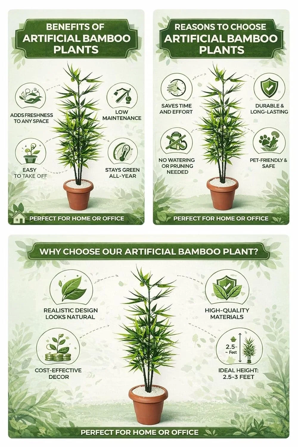 Artificial Bamboo Plant 80cm Tall Double Tone 60 Leaves | Large 5 Stick Faux Tree for Indoor Home, Office & Living Room Decoration, Without Pot image 5