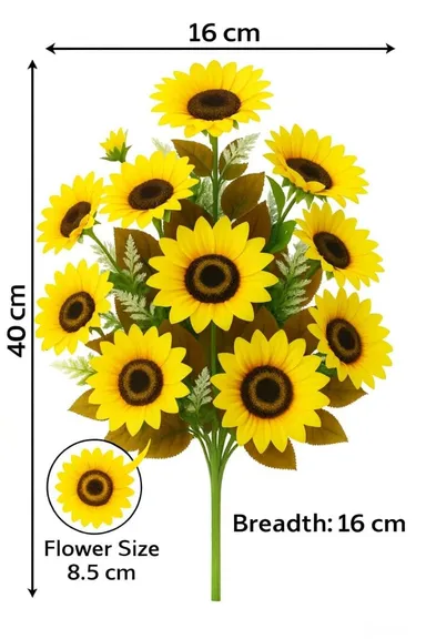 Artificial Yellow Sunflower Arrangement Bunch – 12 Sticks, 12 Silk Flowers, 40cm Table Centrepiece for Vase, Home & Office Decoration, Realistic Faux Flowers thumbnail 2