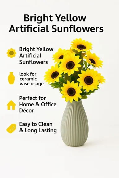 Artificial Yellow Sunflower Arrangement Bunch – 12 Sticks, 12 Silk Flowers, 40cm Table Centrepiece for Vase, Home & Office Decoration, Realistic Faux Flowers thumbnail 3