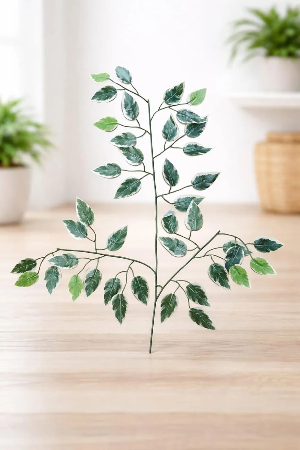 Artificial Ficus Leaves & White Forsythia Flowers |42 Leaves, 60cm Tall, Pack of 6 Garlands for Home, Indoor |Outdoor Decoration, Realistic Faux Green & White Foliage image 2