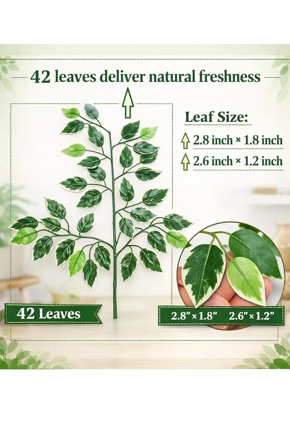 Artificial Ficus Leaves & White Forsythia Flowers |42 Leaves, 60cm Tall, Pack of 6 Garlands for Home, Indoor |Outdoor Decoration, Realistic Faux Green & White Foliage image 4
