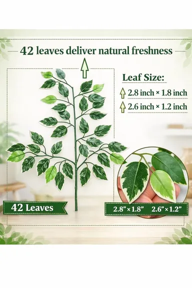 Artificial Ficus Leaves & White Forsythia Flowers |42 Leaves, 60cm Tall, Pack of 6 Garlands for Home, Indoor |Outdoor Decoration, Realistic Faux Green & White Foliage thumbnail 3