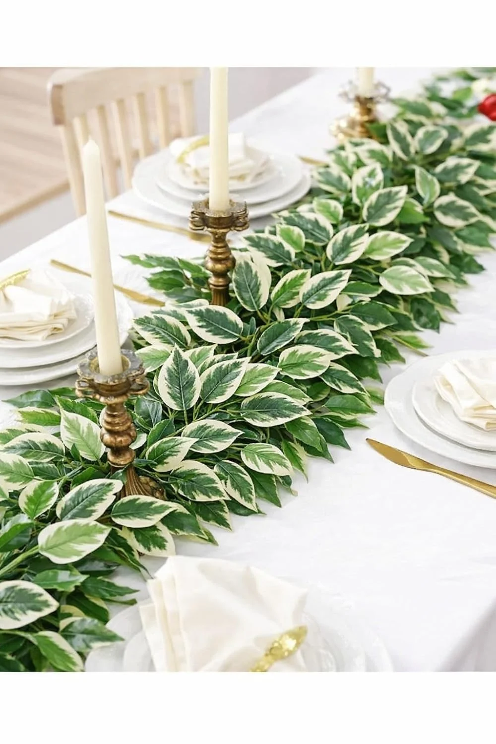 Artificial Ficus Leaves & White Forsythia Flowers |42 Leaves, 60cm Tall, Pack of 6 Garlands for Home, Indoor |Outdoor Decoration, Realistic Faux Green & White Foliage image 5