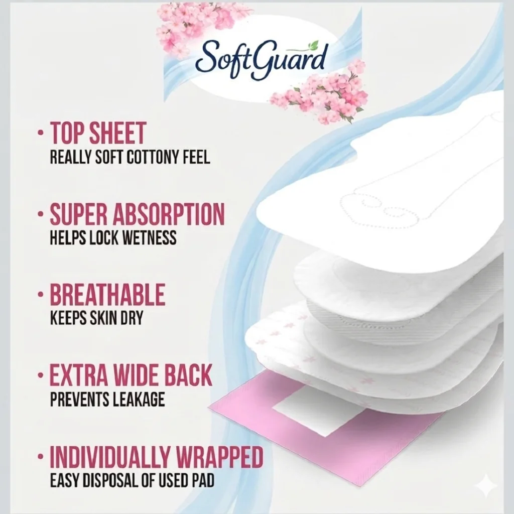 SoftGuard Ultra Soft Super Absorbent Sanitary Pads 40 Pad Pack|12 Hours Leak-Free Protection, Hypoallergenic, Breathable & Comfortable Period Pads for Women  image 3